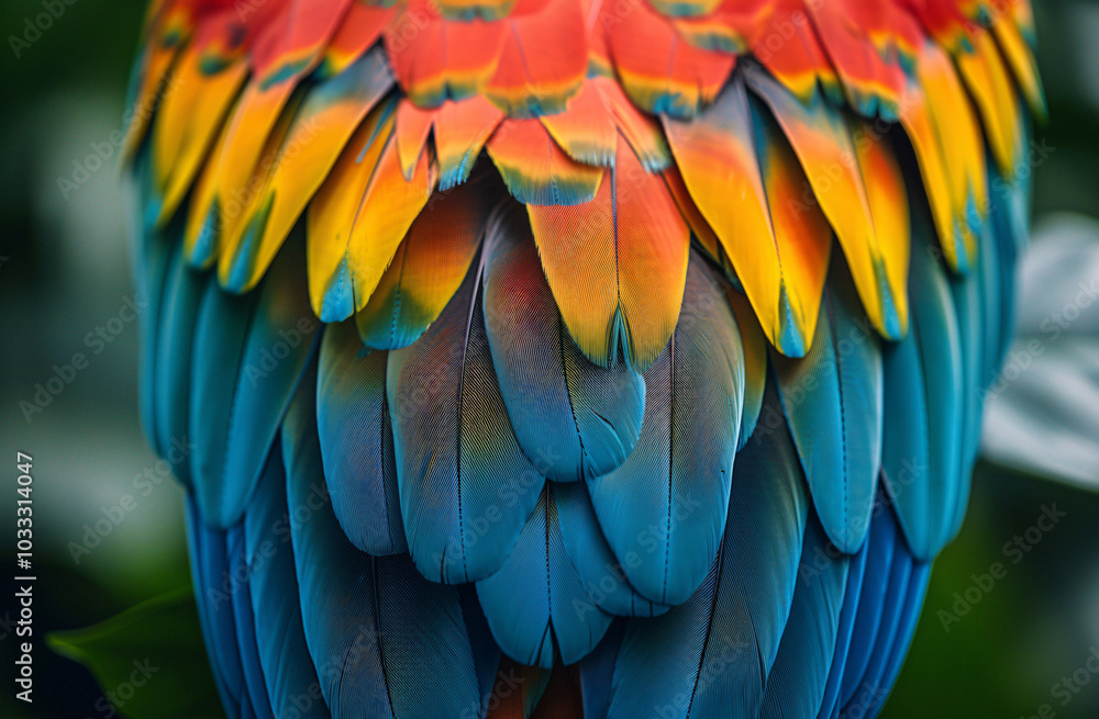 Fototapeta premium Close-up of colorful parrot feathers texture background, red yellow green blue macaw bird plumage pattern