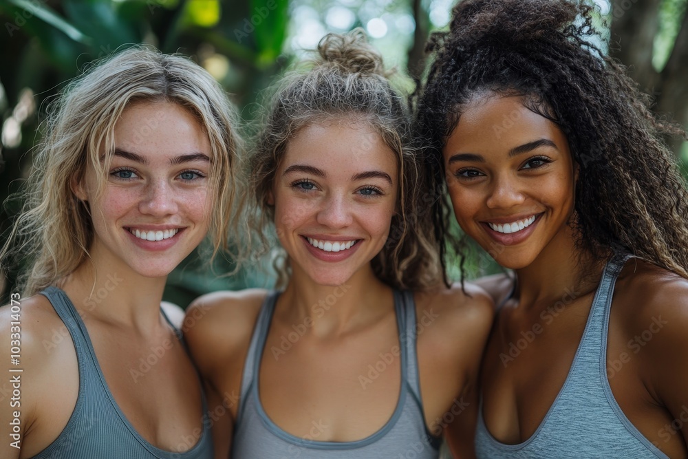 Smiling women friends relaxing after fitness training, Generative AI Smiling women friends relaxing after fitness training, Generative AI