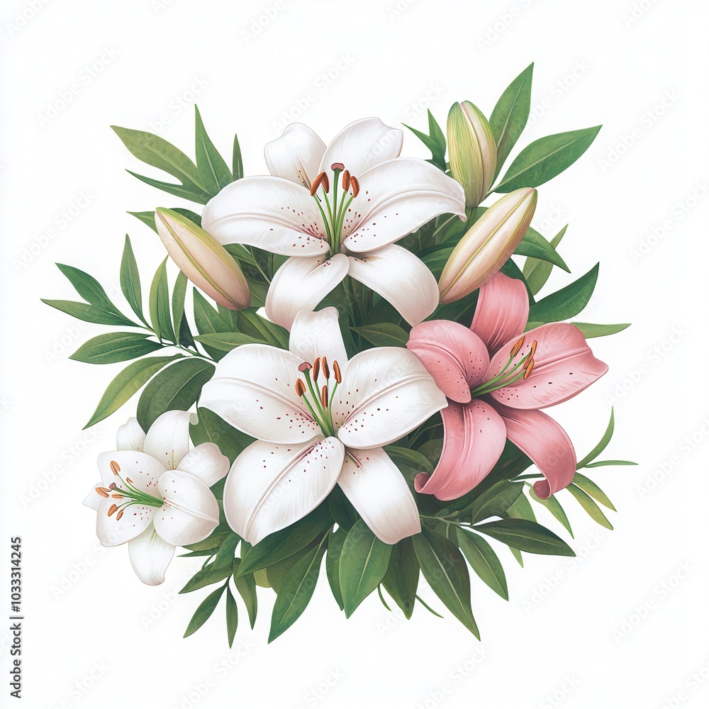 Beautiful bouquet of pink and white lilies with greenery, white isolated background. Beautiful bouquet of pink and white lilies with greenery, white isolated background.