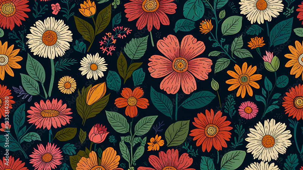 Botanical Print Pattern with Mixed Flowers Botanical Print Pattern with Mixed Flowers