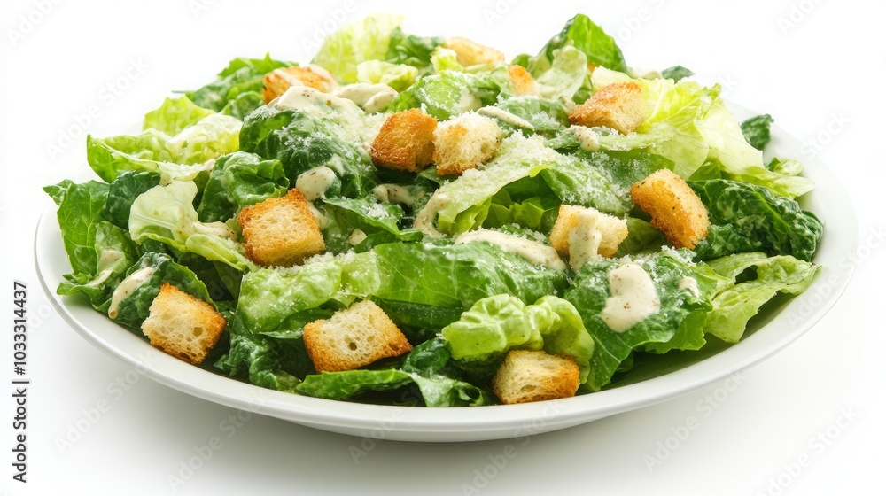 A close-up of a fresh, delicious Caesar salad with croutons, parmesan cheese, and creamy dressing on a white plate. A close-up of a fresh, delicious Caesar salad with croutons, parmesan cheese, and creamy dressing on a white plate.