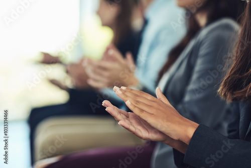 People, hands and applause in office for seminar, training presentation and welcome. Corporate group, clap and support in conference for growth, campaign feedback and business development achievement