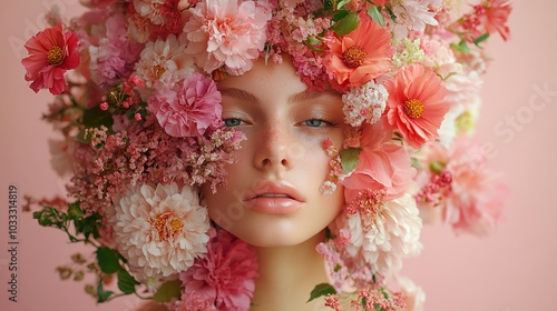 a bouquet of flowers covering a womans face, on a light pink background, photorealisti photo