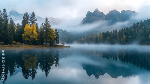 Misty Lake with Serene Reflections of Autumn Trees and Mountains