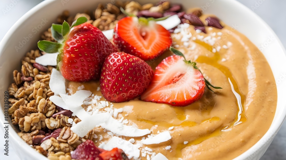 a fresh smoothie bowl topped with strawberries, coconut flakes, and granola a fresh smoothie bowl topped with strawberries, coconut flakes, and granola