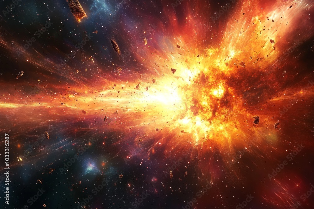 Naklejka premium Cosmic Explosion Supernova Fiery Space Astrophysics Galaxy Starburst Celestial
