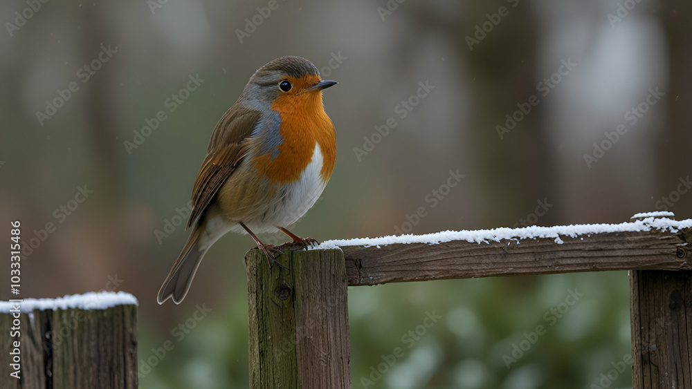Fototapeta premium Winter European Robin perched on a garden fence.