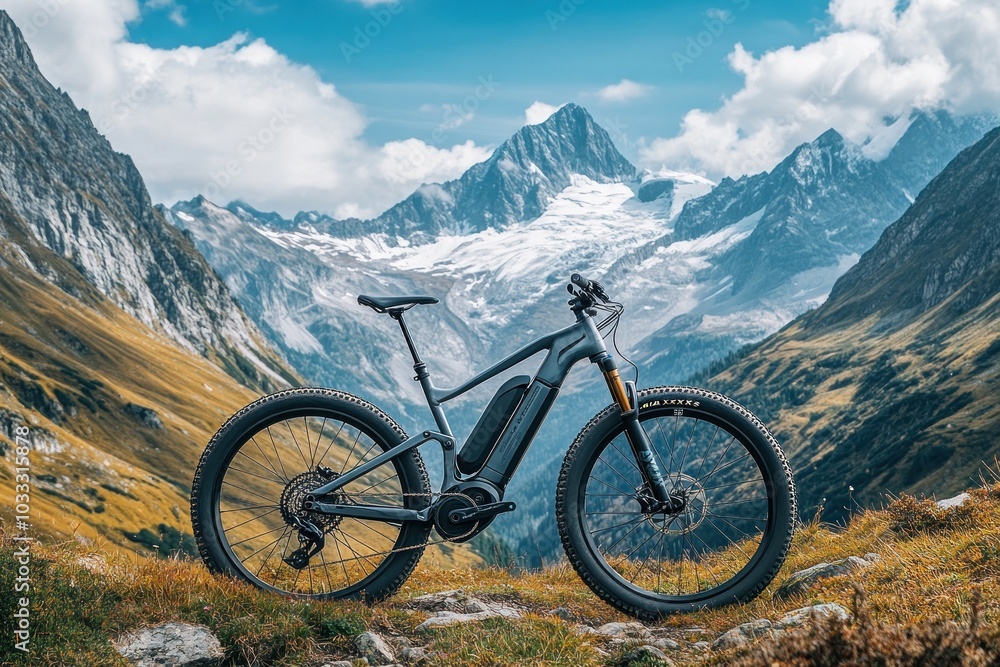Electric Mountain Bike in Majestic Mountain Scenery Electric Mountain Bike in Majestic Mountain Scenery