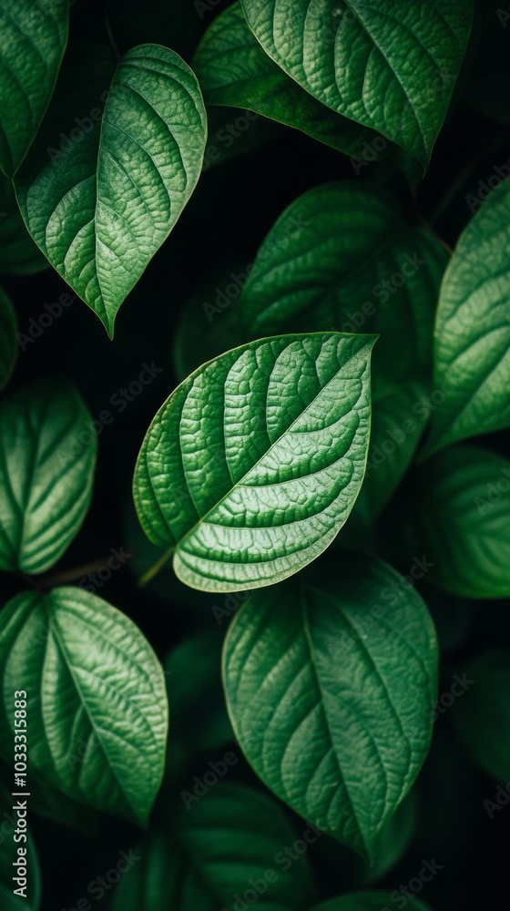 Obraz premium Close-up of lush green leaves, natural foliage background. Tranquil nature and freshness concept