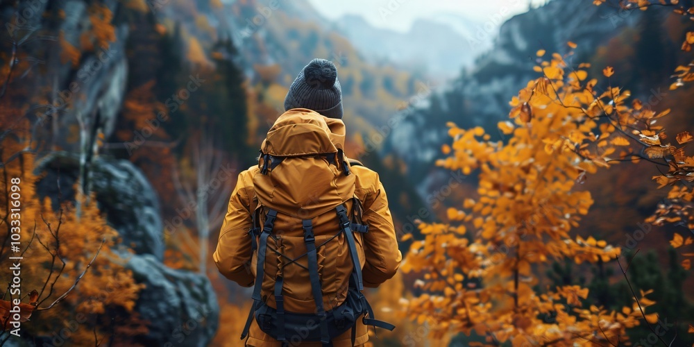 Naklejka premium Traveling with a Backpack: Capturing Memories by the Mountains and Lakes.