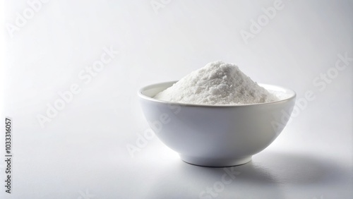 Bowl of white powder isolated on white background minimalist