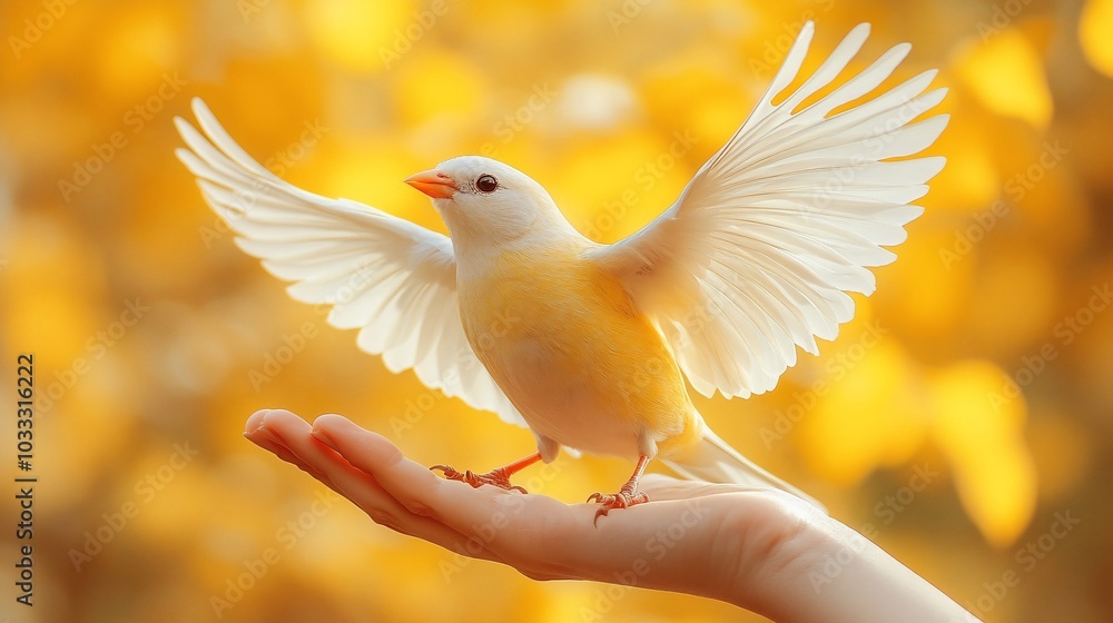 Fototapeta premium A hand gently holds a yellow bird with outstretched wings against a warm, autumn backdrop.