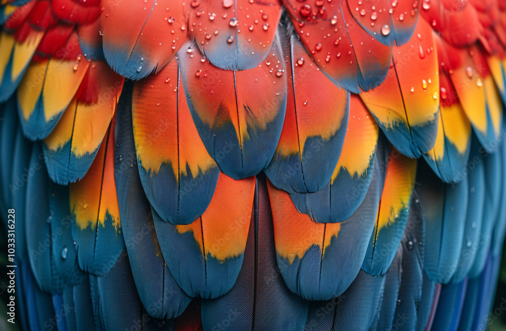 Obraz premium Close-up of colorful parrot feathers texture background, red yellow green blue macaw bird plumage pattern. Beautiful exotic tropical wildlife concept.