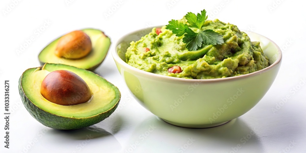 Bowl with guacamole and ripe avocado on white background with shallow depth of field Bowl with guacamole and ripe avocado on white background with shallow depth of field