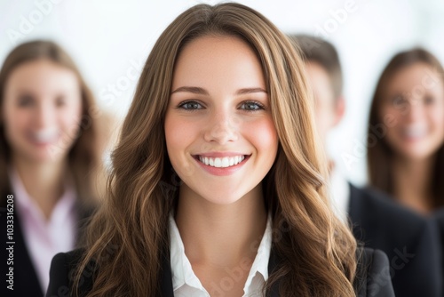 Smiling female leader guiding her team in business environment on solid white background,