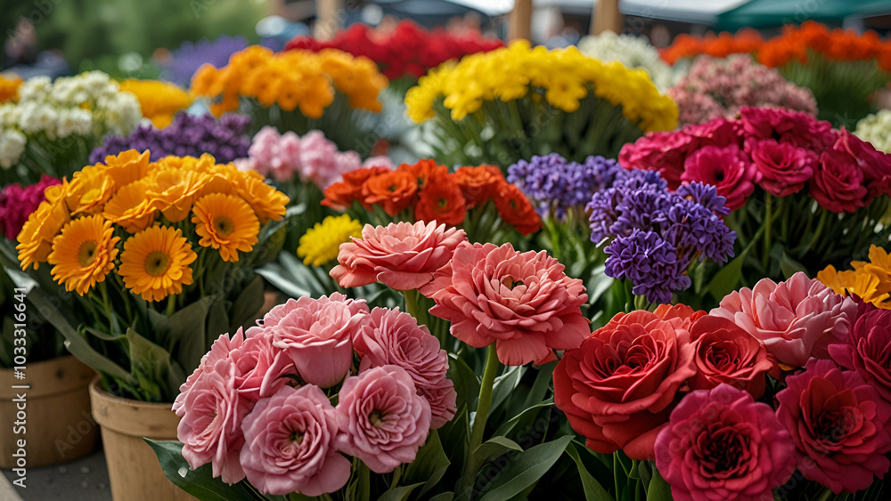 Obraz premium Fresh cut flowers displayed at a farmers market in Boulder, CO.