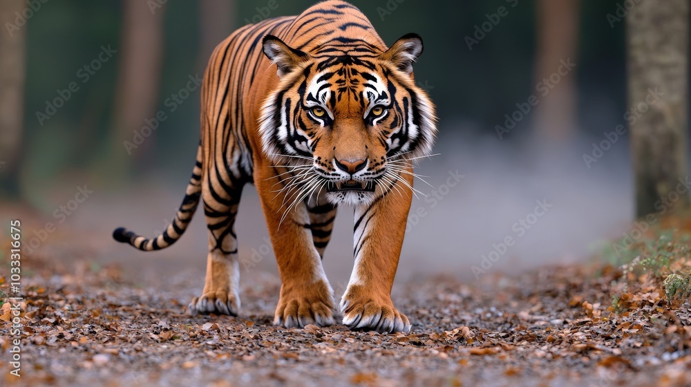 Fototapeta premium Majestic Bengal Tiger Walking Through Misty Forest Wildlife Photography