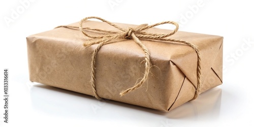 Box parcel wrapped in brown craft paper tied with hemp cord on white background with selective focus depth of field