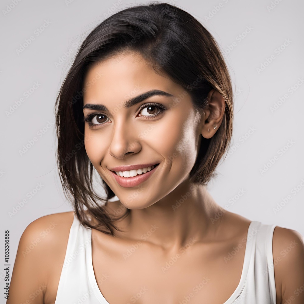 A bright and friendly portrait of a young woman with short dark hair, wearing a white tank top, smiling confidently against a neutral background, exuding natural charm and warmth. A bright and friendly portrait of a young woman with short dark hair, wearing a white tank top, smiling confidently against a neutral background, exuding natural charm and warmth.