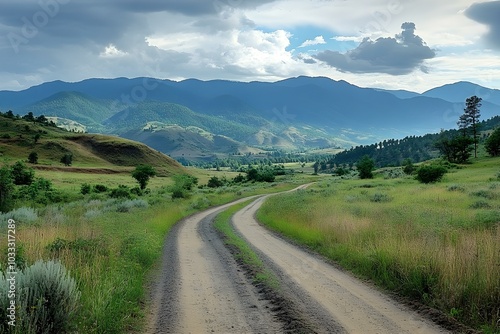 Serene Dirt Road Through Lush Green Landscape and Majestic Mountains