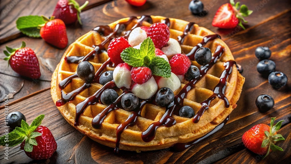 Indulgent Belgian Waffle Breakfast Delight with Berries, Chocolate, and Cream Indulgent Belgian Waffle Breakfast Delight with Berries, Chocolate, and Cream
