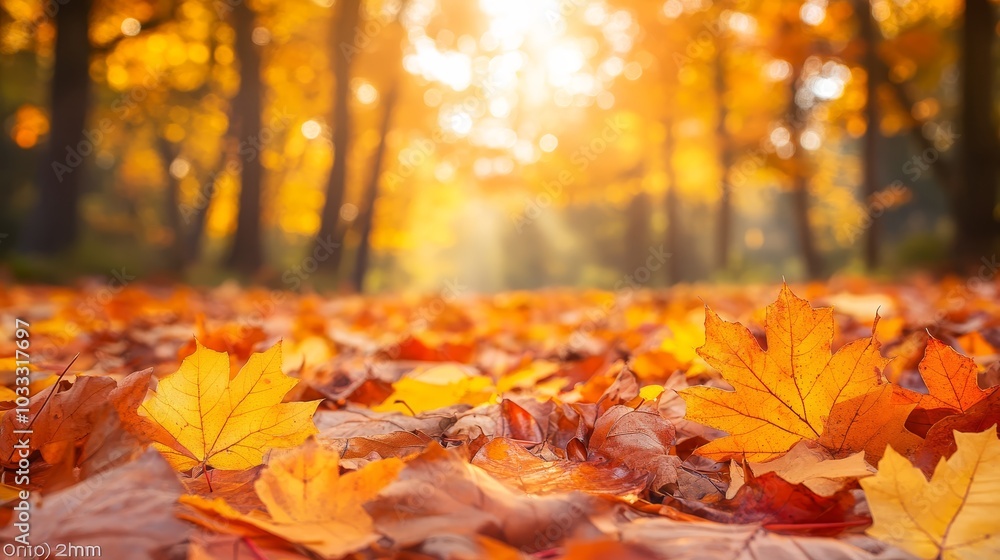 Autumn Leaves on Forest Floor with Sunbeams Autumn Leaves on Forest Floor with Sunbeams