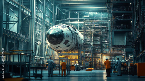 Wallpaper Mural A large hangar for rocket assembly, with engineers and technicians working on a space project, Industrial factory for rocket assembly Torontodigital.ca