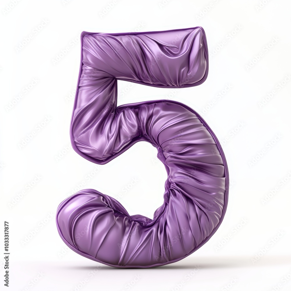 3D number 5 with Inflate, puffy shapes made of purple soft detailed leather, folds and wrinkles on material realistic modern design, soft lighting, white background 3D number 5 with Inflate, puffy shapes made of purple soft detailed leather, folds and wrinkles on material realistic modern design, soft lighting, white background