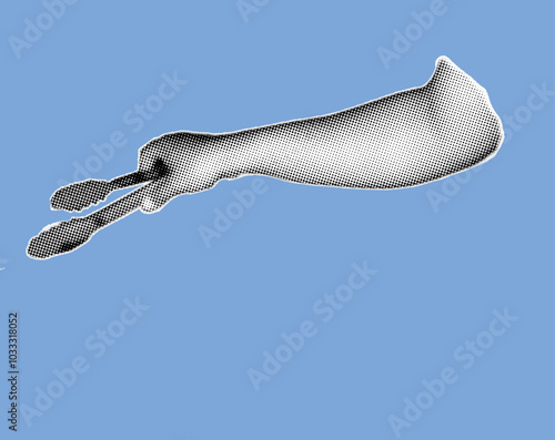 close up of hand holding capit cooking tongs pixelate grayscale color halftone dotted texture style collage element isolated on blue background