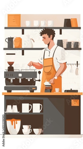 Stylized Illustration of Barista Brewing Coffee in Cafe