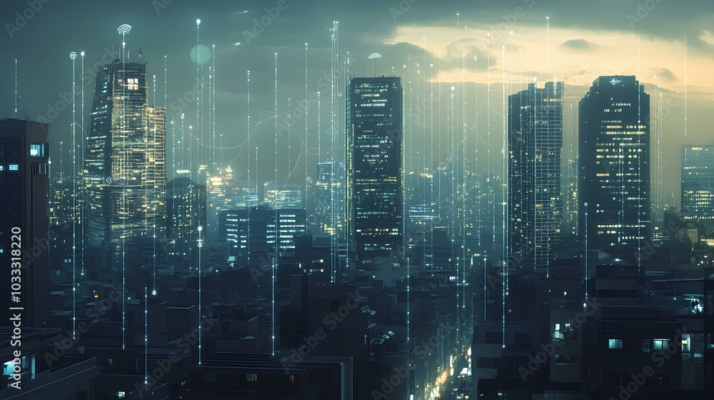 A futuristic city skyline illuminated by tall buildings under a cloudy sky, featuring digital effects and a moody atmosphere. A futuristic city skyline illuminated by tall buildings under a cloudy sky, featuring digital effects and a moody atmosphere.