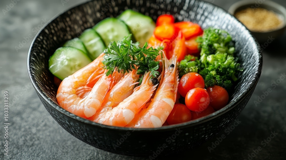 Shrimp Salad with Cucumber Tomatoes and Broccoli in a Black Bowl Shrimp Salad with Cucumber Tomatoes and Broccoli in a Black Bowl