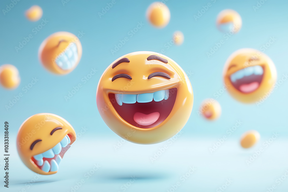 Fototapeta premium A playful arrangement of smiling emoji faces in a light blue background.