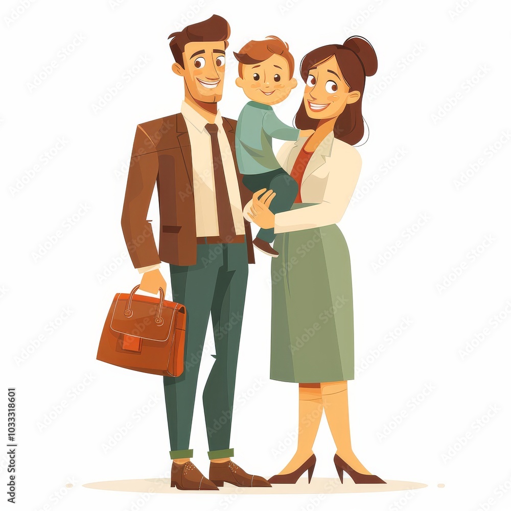 Illustration of Professional Working Parents with Child Illustration of Professional Working Parents with Child