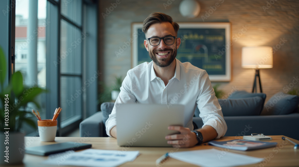 Obraz premium Professional Office Worker Portrait in Modern Workspace – Ideal for Business, Corporate, and Entrepreneurial Image Needs