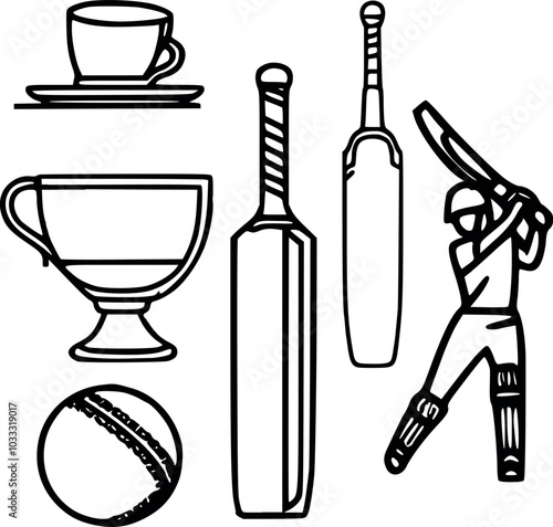 Hand drawing Cricket batsman toffee or bat, ball, stamp set vector illustrations on white background generated Ai