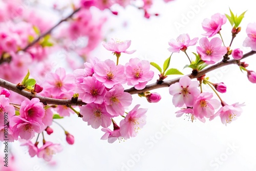 Branch of tree with pink flowers on white background with red hearts, low angle view