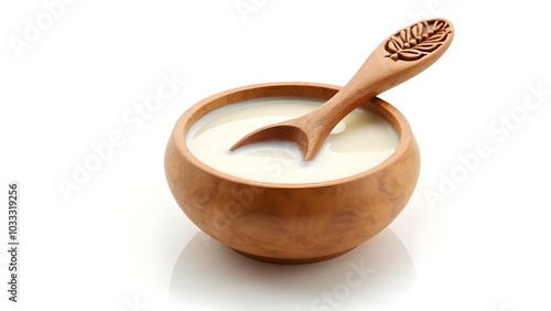 Double cream in a wooden vessel with a traditionally carved Appenzell wooden spoon on a white background