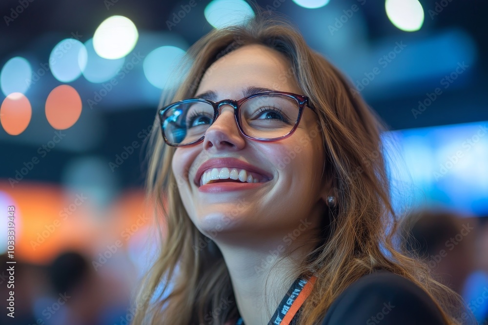 Successful business woman laughing happily at a modern conference event, Generative AI Successful business woman laughing happily at a modern conference event, Generative AI