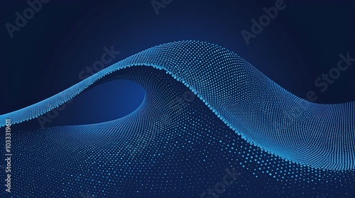 Abstract digital artwork illustration featuring a flowing wave like pattern against a dark blue background consists of a series of fine, interconnected lines forming a mesh texture photo