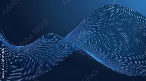 Abstract digital artwork illustration featuring a flowing wave like pattern against a dark blue background consists of a series of fine, interconnected lines forming a mesh texture photo