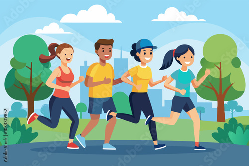 Group fitness fun: morning jogging with friends in a scenic park setting