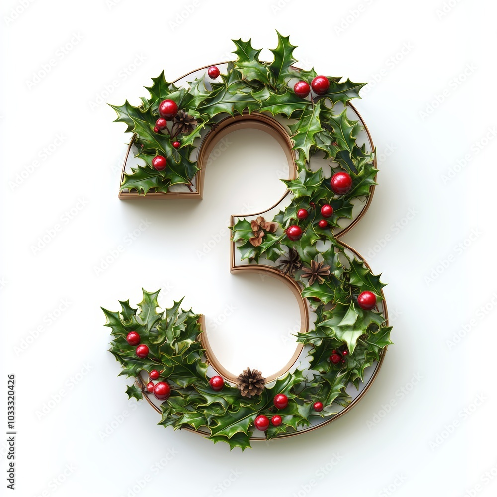 3D number 3 with holly leaves realistic modern design, soft lighting, white background 3D number 3 with holly leaves realistic modern design, soft lighting, white background