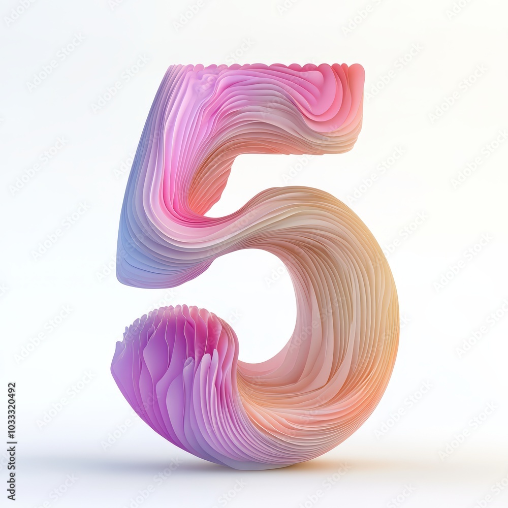 3D number 5 with waves realistic modern design, soft lighting, white background 3D number 5 with waves realistic modern design, soft lighting, white background