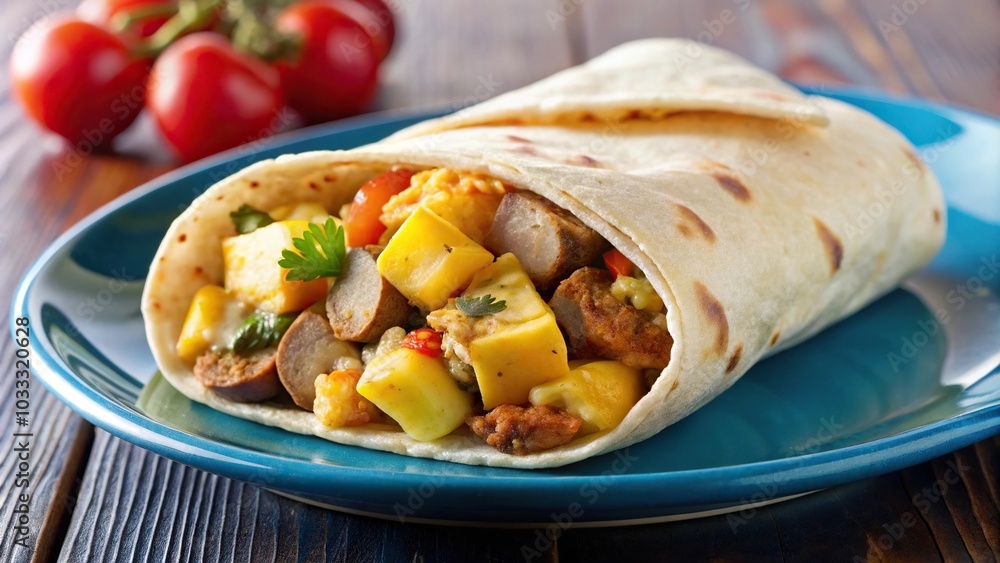 Breakfast burrito with egg, sausage, and potatoes on blue plate in forced perspective Breakfast burrito with egg, sausage, and potatoes on blue plate in forced perspective