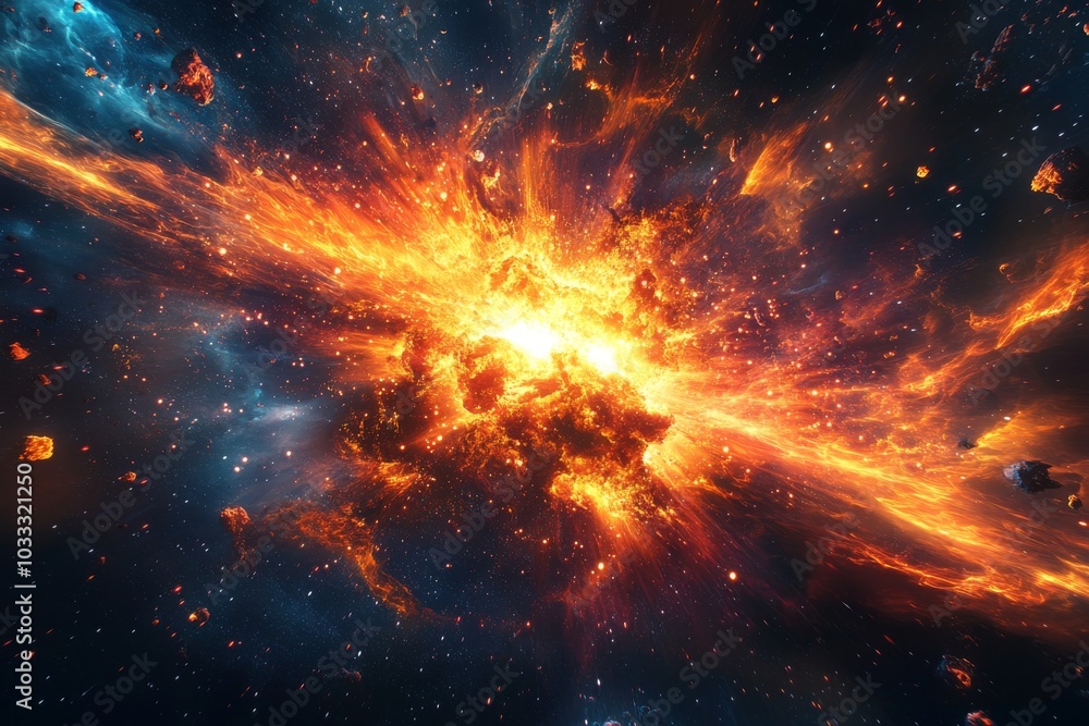 Fiery Cosmic Explosion in Space with Nebula and Stars Fiery Cosmic Explosion in Space with Nebula and Stars