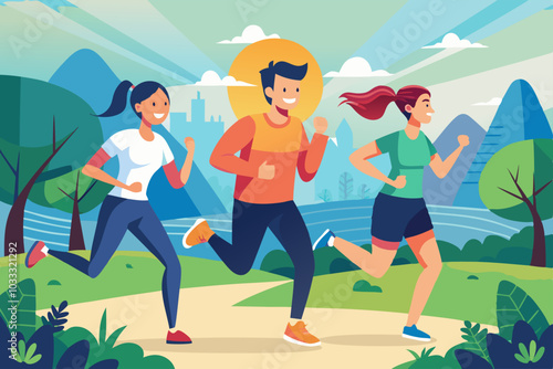 Energetic friends on a morning jogging adventure in nature