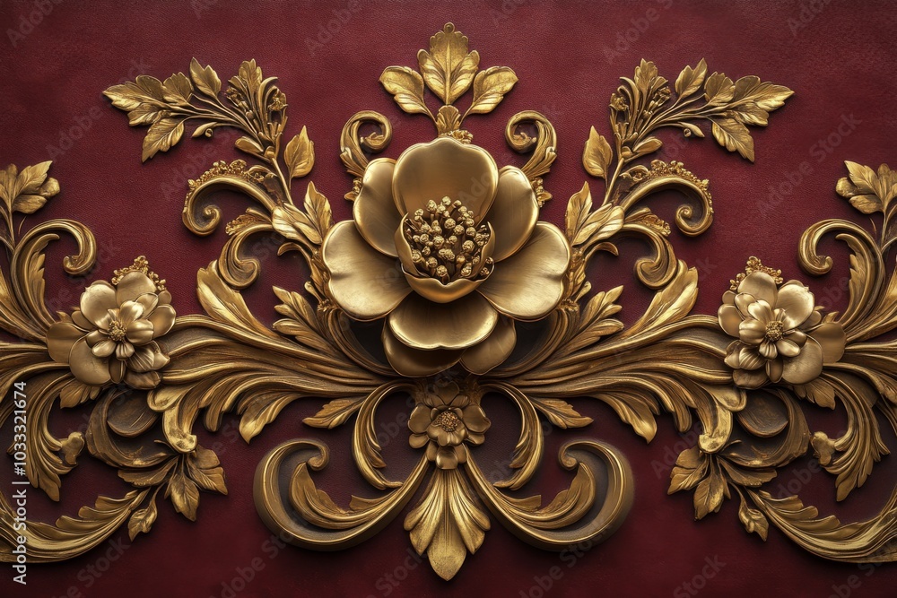 Golden Ornate Floral Design on Red Background Golden Ornate Floral Design on Red Background