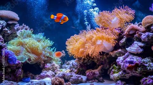 A colorful underwater scene featuring corals and clownfish swimming amid vibrant marine life. photo