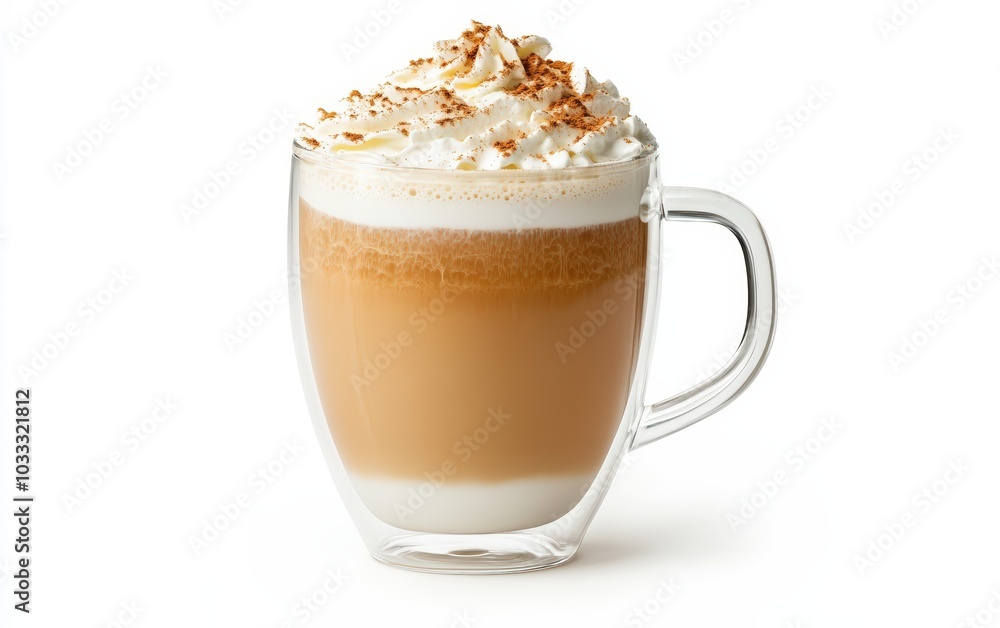 A cup of coffee. A trendy drink with whipped cream, coffee foam and milk in a double-glazed glass. professional stock photo on white background A cup of coffee. A trendy drink with whipped cream, coffee foam and milk in a double-glazed glass. professional stock photo on white background